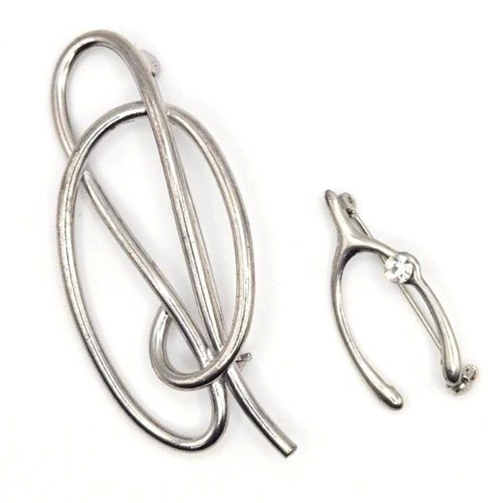 Silver Tone Abstract Modernist Twist and‎ Wishbone Brooch Rhinestone Pin Jewelry